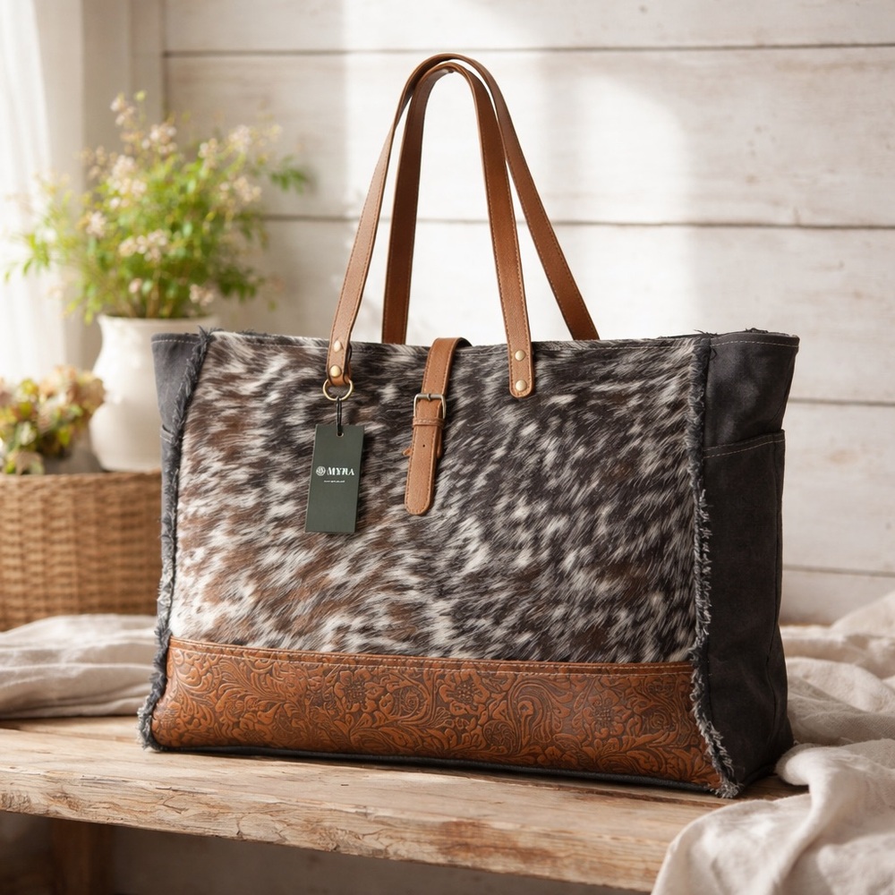 Myra Bag Brown, Black & Cream Leather and Hair-on Hide Travel Tote